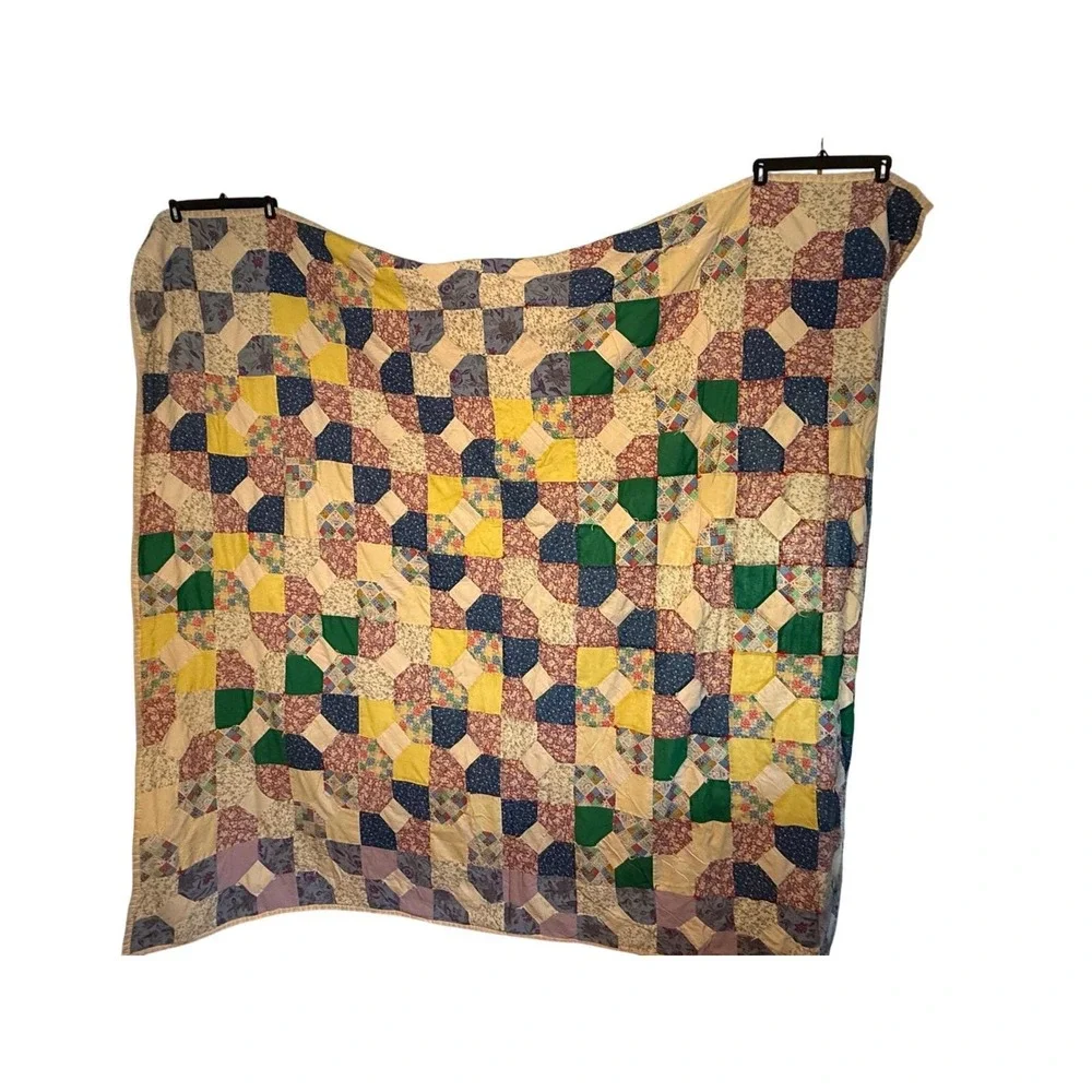 Vintage Handmade Hand stitched Patchwork Quilt Folk Art‎ Throw Blanket